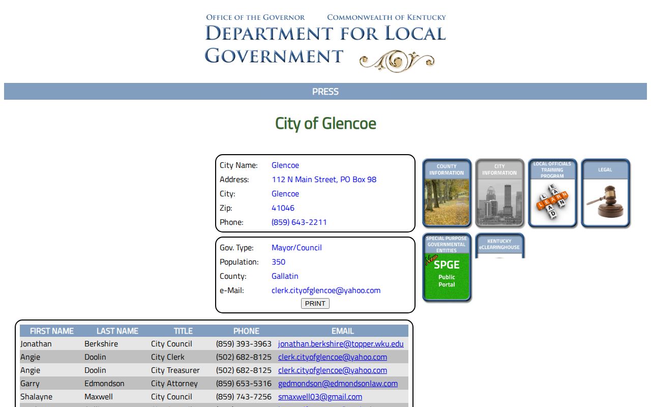 Kentucky Department for Local Government page for Glencoe city information