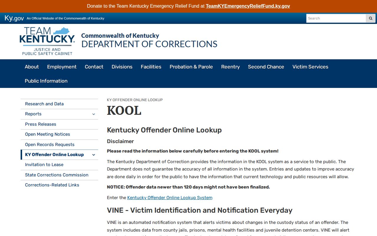 Kentucky Department of Corrections KOOL information page