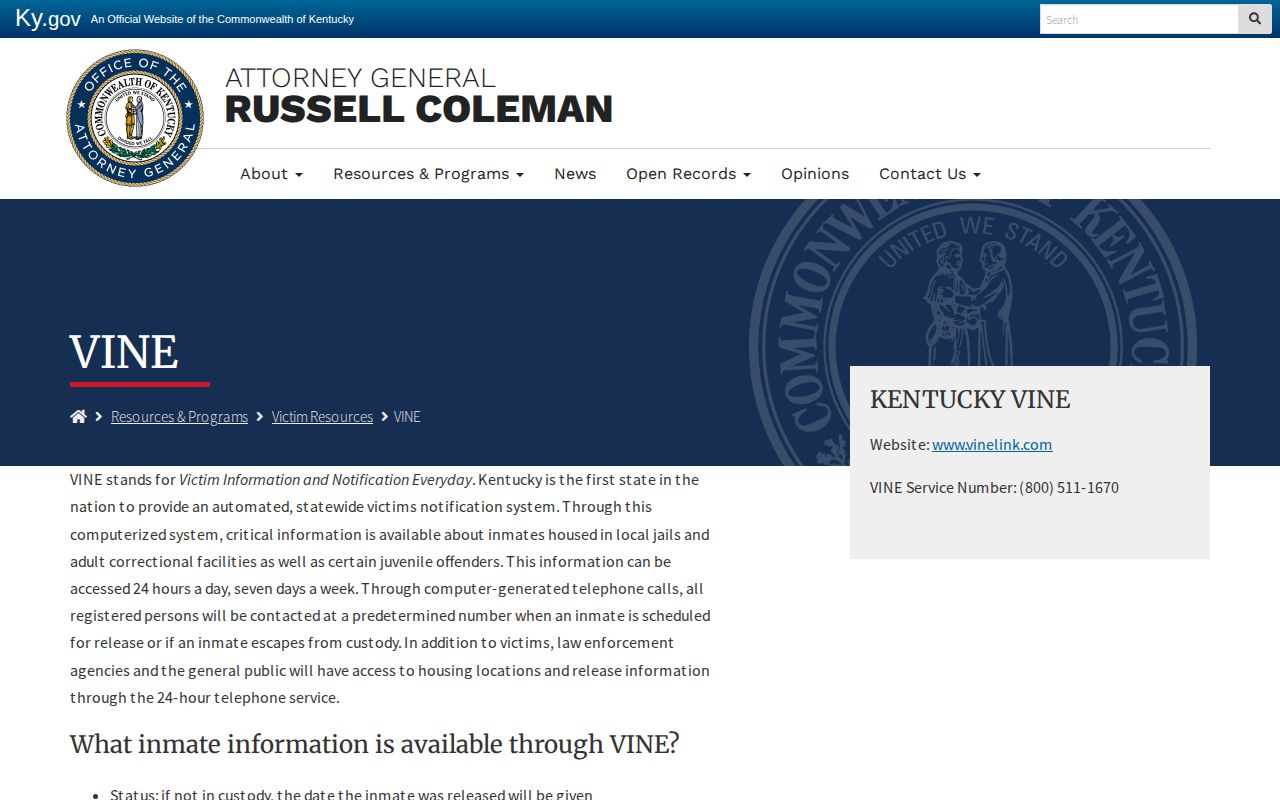 Kentucky Attorney General VINE custody alert information for Gallatin County